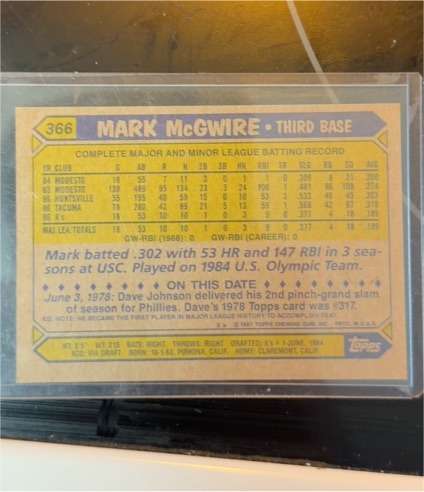 1987 Topps #366 Mark McGwire — front