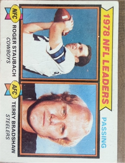 1979 Topps #1 Roger Staubach/Terry Bradshaw 1978 Passing Leaders — front