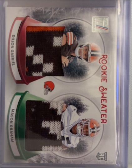 2025 Panini Donruss #SWED-CLE Dillon Gabriel / Mason Graham Rookie Sweaters Dual Patch — front