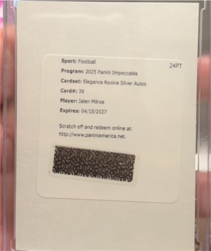 2025 Panini Impeccable Elegance Rookie Silver Autos #39 Jalen Milroe — front
