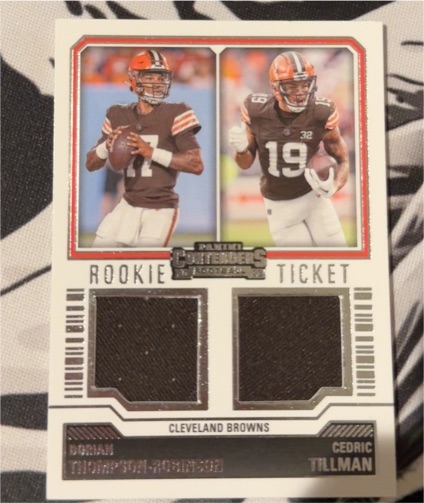 2023 Panini Contenders #DS-7 Dorian Thompson-Robinson / Cedric Tillman Rookie Ticket Dual Swatches — front