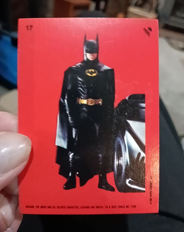 1989 Topps Batman Stickers #17 Batman with Batmobile — front