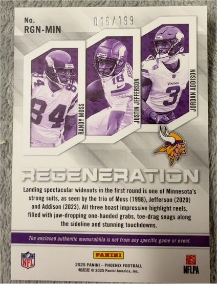 2025 Panini Phoenix Football #RGN-MIN Regeneration Randy Moss Justin Jefferson Jordan Addison — front