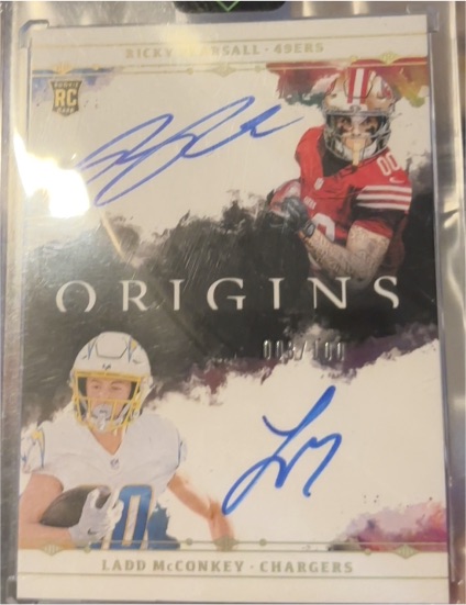 2024 Panini Origins #DA-5 Ladd McConkey/Ricky Pearsall Rookie Dual Auto — front