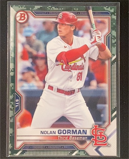 2021 Bowman Prospects Camo Parallel #BP-90 Nolan Gorman — front