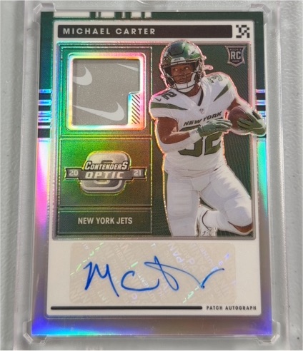 2021 Panini Contenders Optic #RPA-MCA Michael Carter Rookie Patch Autograph — front