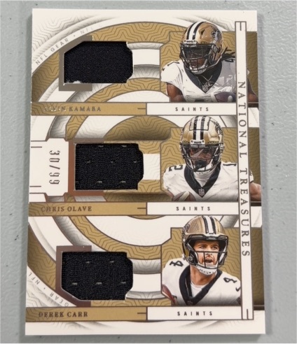 2023 Panini National Treasures NFL Gear Trio Alvin Kamara Chris Olave Derek Carr #30/99 — front