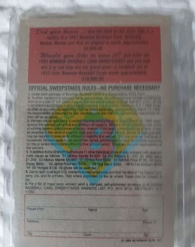 1989 Bowman Baseball Sweepstakes Mickey Mantle — front