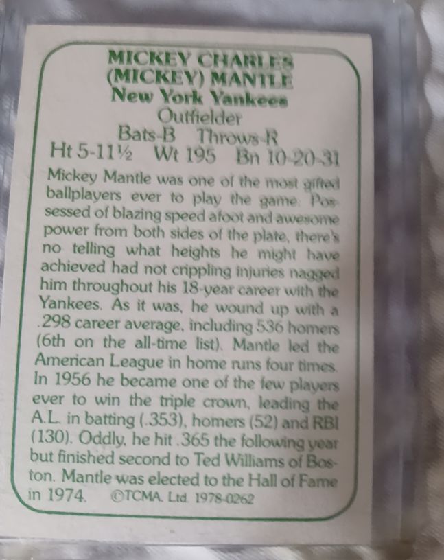 1978 TCMA #0262 Mickey Mantle — front