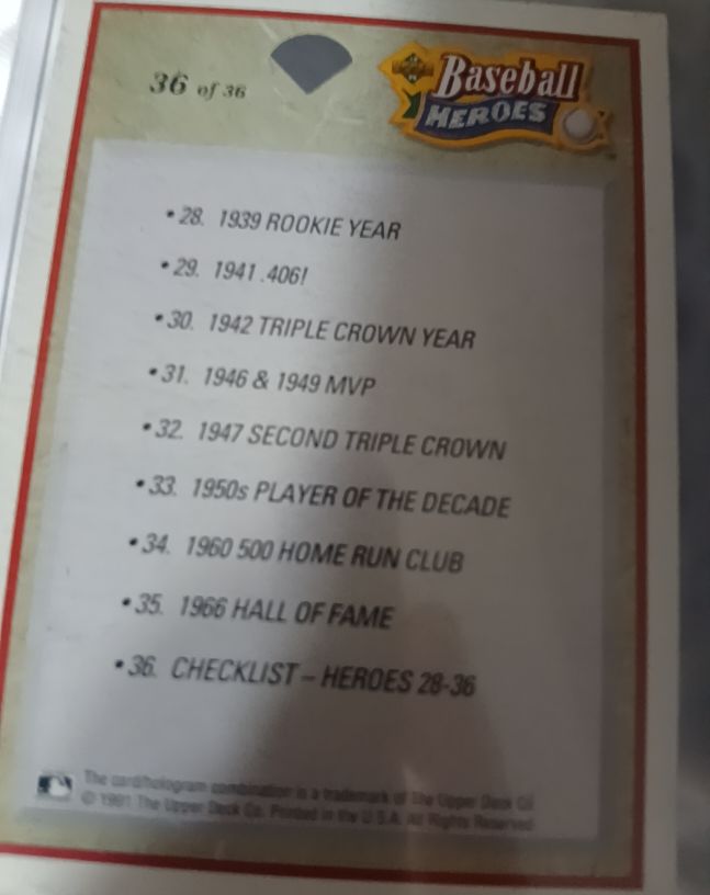 1991 Upper Deck Baseball Heroes #36 Checklist Heroes 28-36 — front