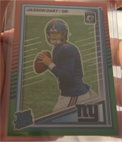 2025 Donruss Optic #400 Jaxson Dart Rated Rookie Preview Red & Green Prizm — front