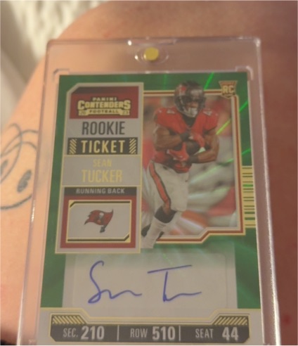 2023 Panini Contenders #157 Sean Tucker Rookie Ticket Green Laser Auto — front