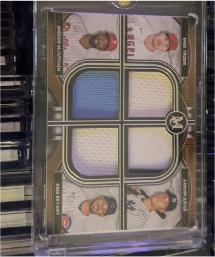 2022 Topps Museum Collection Quad Relic #FPR-ALMW Mike Trout Aaron Judge Kris Bryant Andrew McCutchen — front