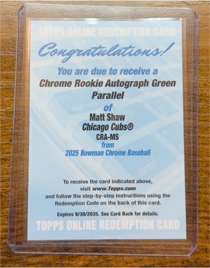 2025 Bowman Chrome #CRA-MS Matt Shaw Chrome Rookie Autograph Green Parallel — front