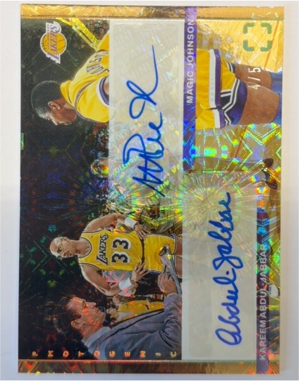 1997 Fleer Ultra #1/5 Magic Johnson & Kareem Abdul-Jabbar Dual Autograph — front