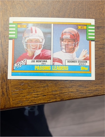 1990 Topps #229 1989 Passing Leaders Joe Montana / Boomer Esiason — front