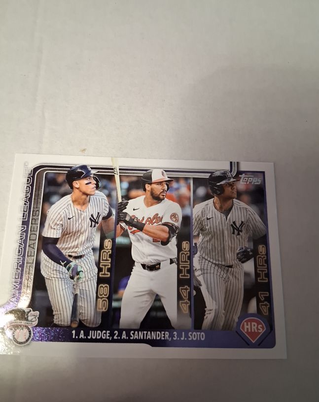 2025 Topps Series 1 #79 American League Leaders HR Aaron Judge, Anthony Santander, Juan Soto — front