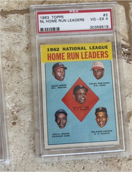 1963 Topps #3 NL Home Run Leaders Willie Mays Hank Aaron Frank Robinson — front