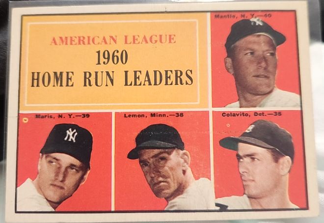 1961 Topps #44 American League 1960 Home Run Leaders Mantle Maris Lemon Colavito — front