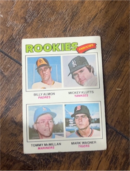 1977 Topps #490 Rookie Shortstops Billy Almon Mickey Klutts Tommy McMillan Mark Wagner — front