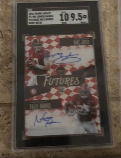 2021 Panini Legacy Futures Ink Combos Mac Jones, Najee Harris #FC-MN Ruby /20 — front
