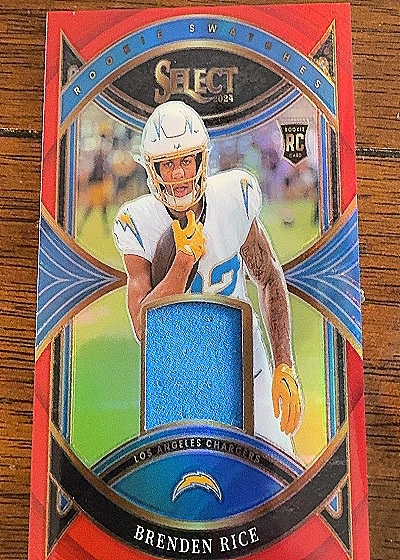 2024 Panini Select #RS-BRE Brenden Rice Rookie Swatches Red Prizm Chargers RC — front