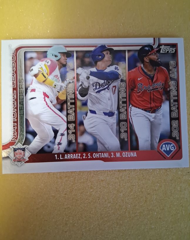 2025 Topps Series 1 #347 NL Batting Average Leaders Luis Arraez, Shohei Ohtani, Marcell Ozuna — front