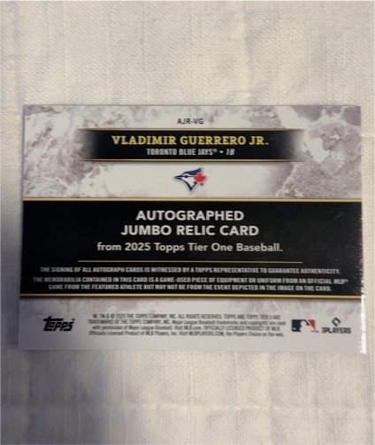 2025 Topps Tier One Vladimir Guerrero Jr. Jumbo Relic Autographed Card — front