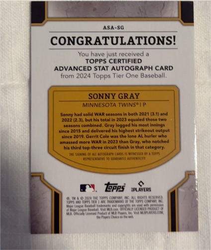 2024 Topps Tier One Advanced Stat Autograph #ASA-SG Sonny Gray — front