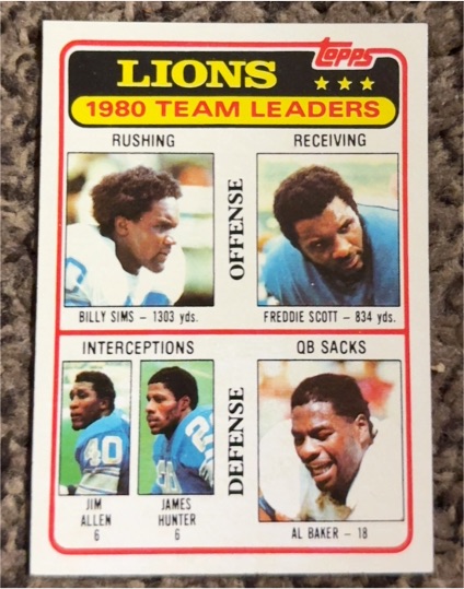 1981 Topps #338 Detroit Lions Team Leaders Billy Sims/Freddie Scott/Jim Allen/James Hunter/Al Baker — front