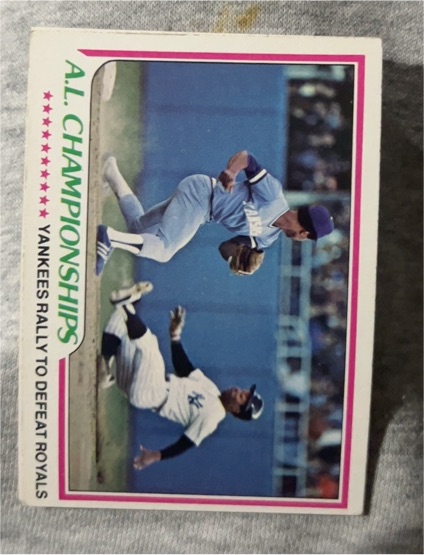 1978 Topps #411 A.L. Championships Yankees Rally to Defeat Royals — front