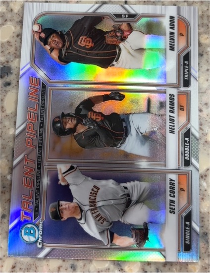 2021 Bowman Chrome Talent Pipeline #TP-SFG Seth Corry / Melvin Adon / Heliot Ramos — front