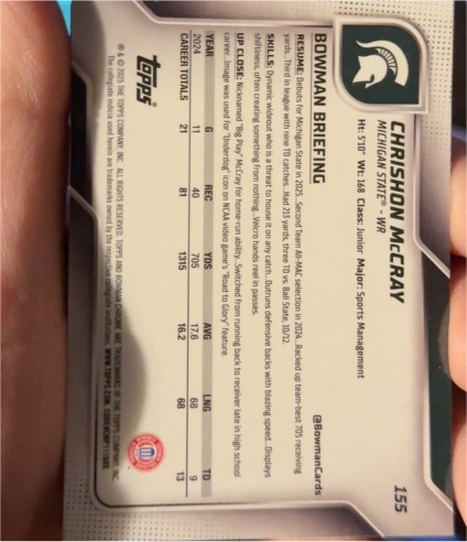 2024 Bowman University Chrome #155 Chrishon McCray — front