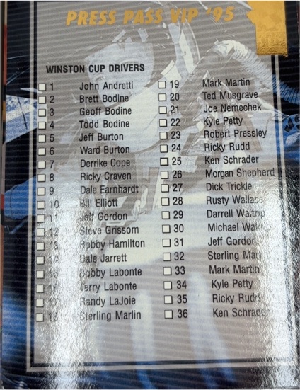 1995 Press Pass VIP #Checklist Winston Cup Drivers — front