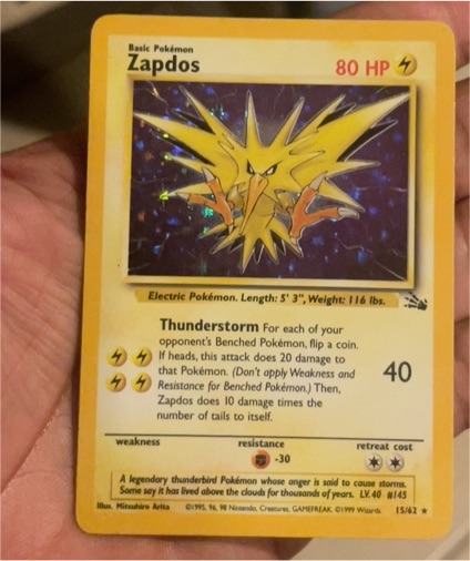 1999 Pokémon Fossil #15 Zapdos — front