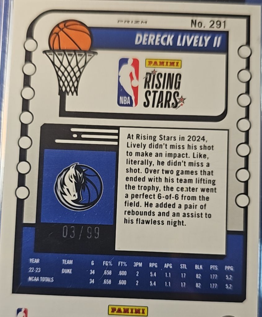 2023 Panini NBA Hoops Premium Stock Rising Stars Prizm #291 Dereck Lively II — front