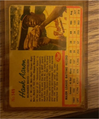 1962 Post Cereal #149 Hank Aaron — front