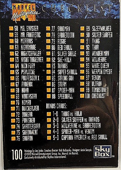 1992 SkyBox Marvel Masterpieces #100 Checklist — back