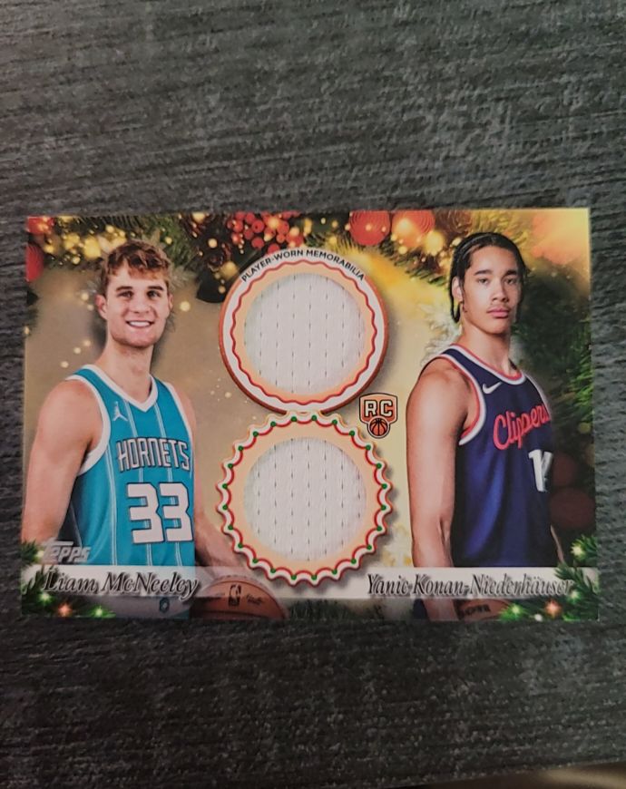 2025-26 Topps Holiday #DPR-LM Liam McNeeley & Yanic Konan Niederhäuser Rookie Dual Relic — front