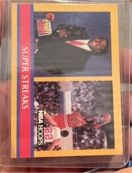 1990 NBA Hoops #385 Michael Jordan & Magic Johnson Inside Stuff Super Streaks — front