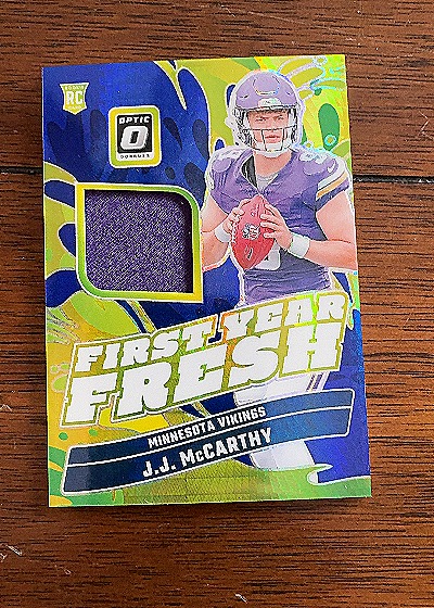 2024 Donruss Optic #FYF-JMY J.J. McCarthy First Year Fresh Blue Hyper Prizm — front