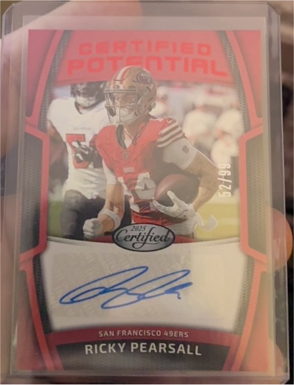 2025 Panini Certified Certified Potential Red Auto Ricky Pearsall #52/99 — front