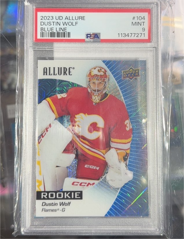 2023 UD Allure #104 Dustin Wolf Blue Line — front