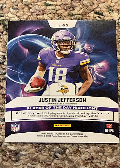 2020 Panini Player of the Day #63 Justin Jefferson — back