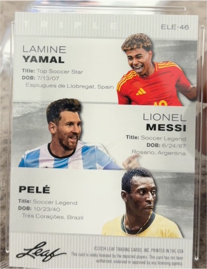 2024 Leaf Triple Edition #ELE-46 Lamine Yamal / Lionel Messi / Pelé — front