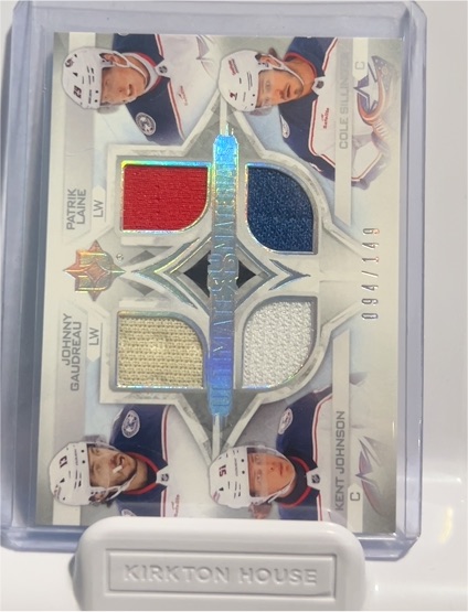 2023-24 Upper Deck Ultimate Collection Quad Materials #QM-CBBJ Patrik Laine, Johnny Gaudreau, Cole Sillinger, Kent Johnson — front