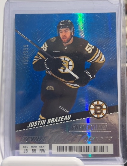 2024-25 Upper Deck Credentials #148 Justin Brazeau Debut Ticket Access Blue /399 — front