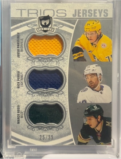 2022-23 Upper Deck The Cup Trios Jerseys #C3-JPM Juuso Poironen / Nick Perbix / Marco Rossi — front