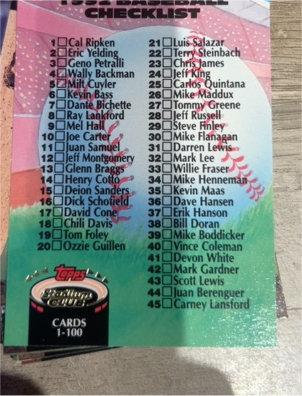 1992 Topps Stadium Club #298 Checklist: 1-100 — front
