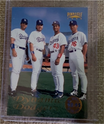1996 Pinnacle Dynamic Dodgers #132 Mike Piazza, Hideo Nomo, Raul Mondesi, Eric Karros — front